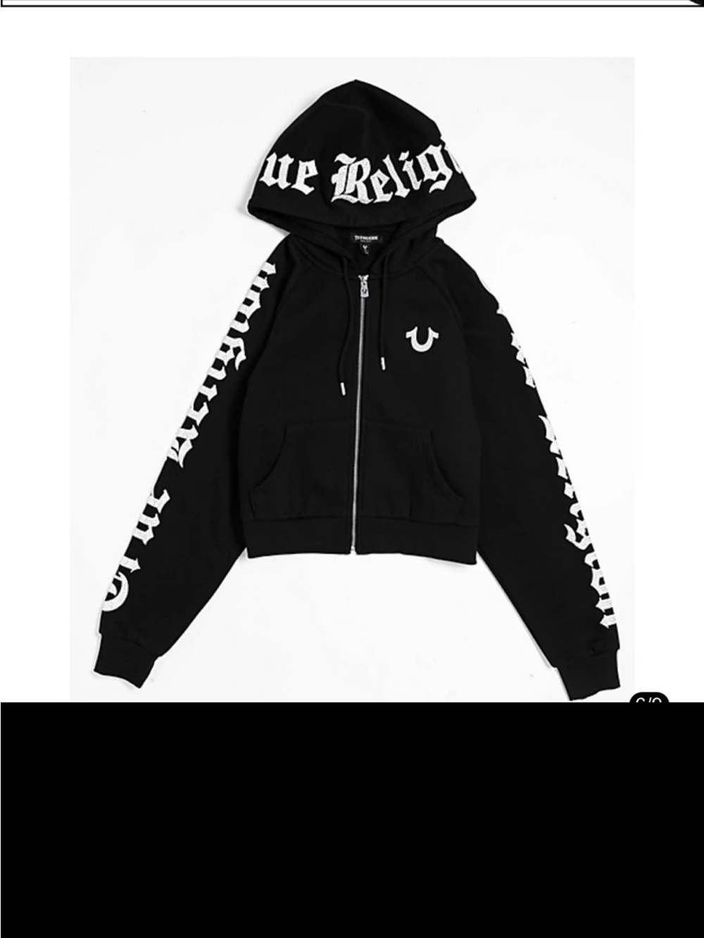 True Religion Women’s Black Zip-Up Hoodie with White Rhinestone Logo